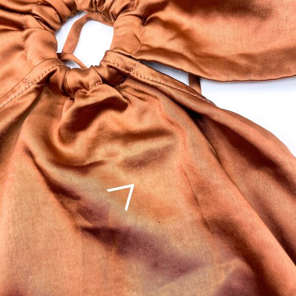 LPA Aniston Dress Hazelnut Satin Brown Maxi Ruched Ring Side Slit Sz S - Picture 7 of 12